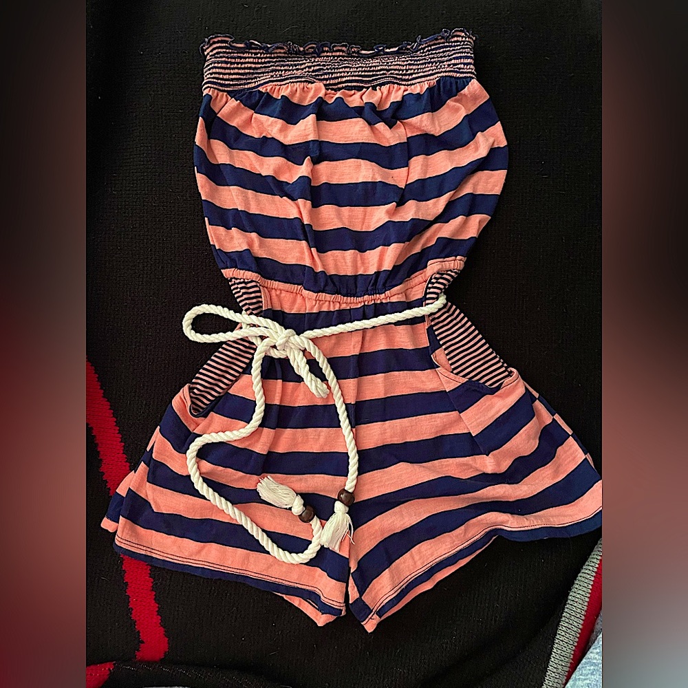 Striped Navy Blue and Coral Romper